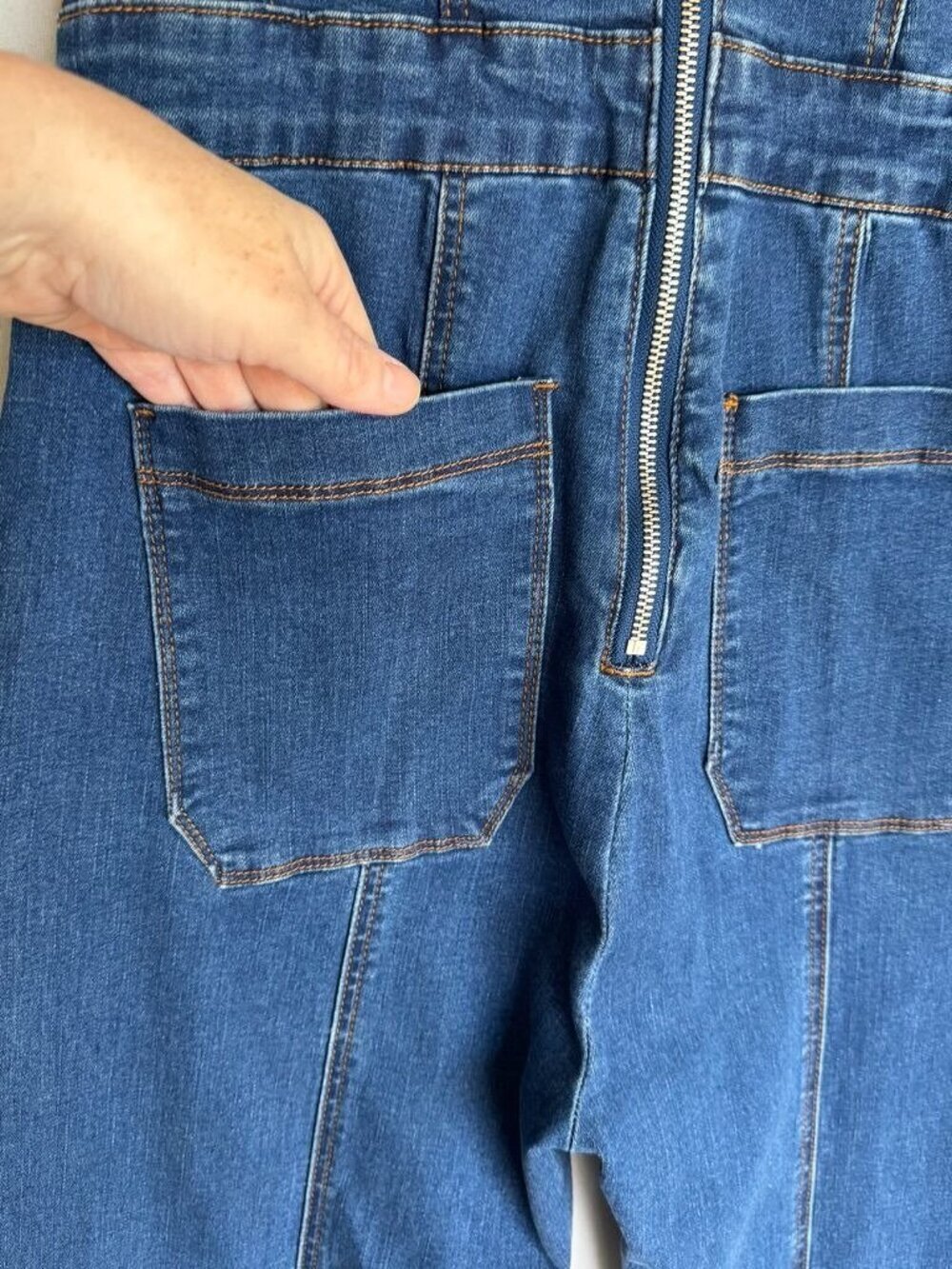 Bebe Blue Stretch Denim Sweetheart Corset Strap Flare Leg Jumpsuit Size 12 Tall - Picture 6 of 14